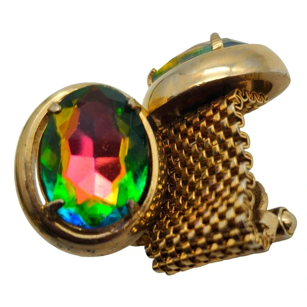 Large Gold Mesh Cufflinks Watermelon Rainbow Glass Retro Wrap Around Chunky Vtg